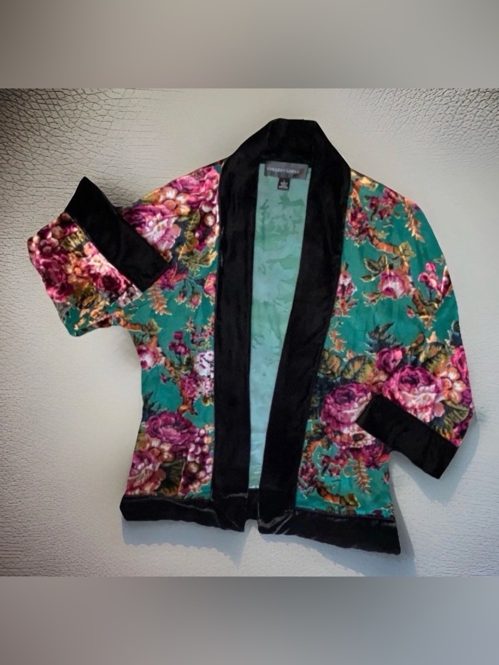 Colleen Lopez Teal Floral Rose Burnout Kimono w/Black Velvet Trim | L | Boho